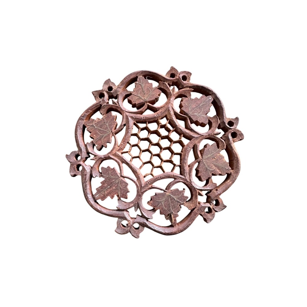 Vintage Hand Carved Wooden Trivet Leaf Honeycomb Lattice Boho Kitchen Decor 5.5"
